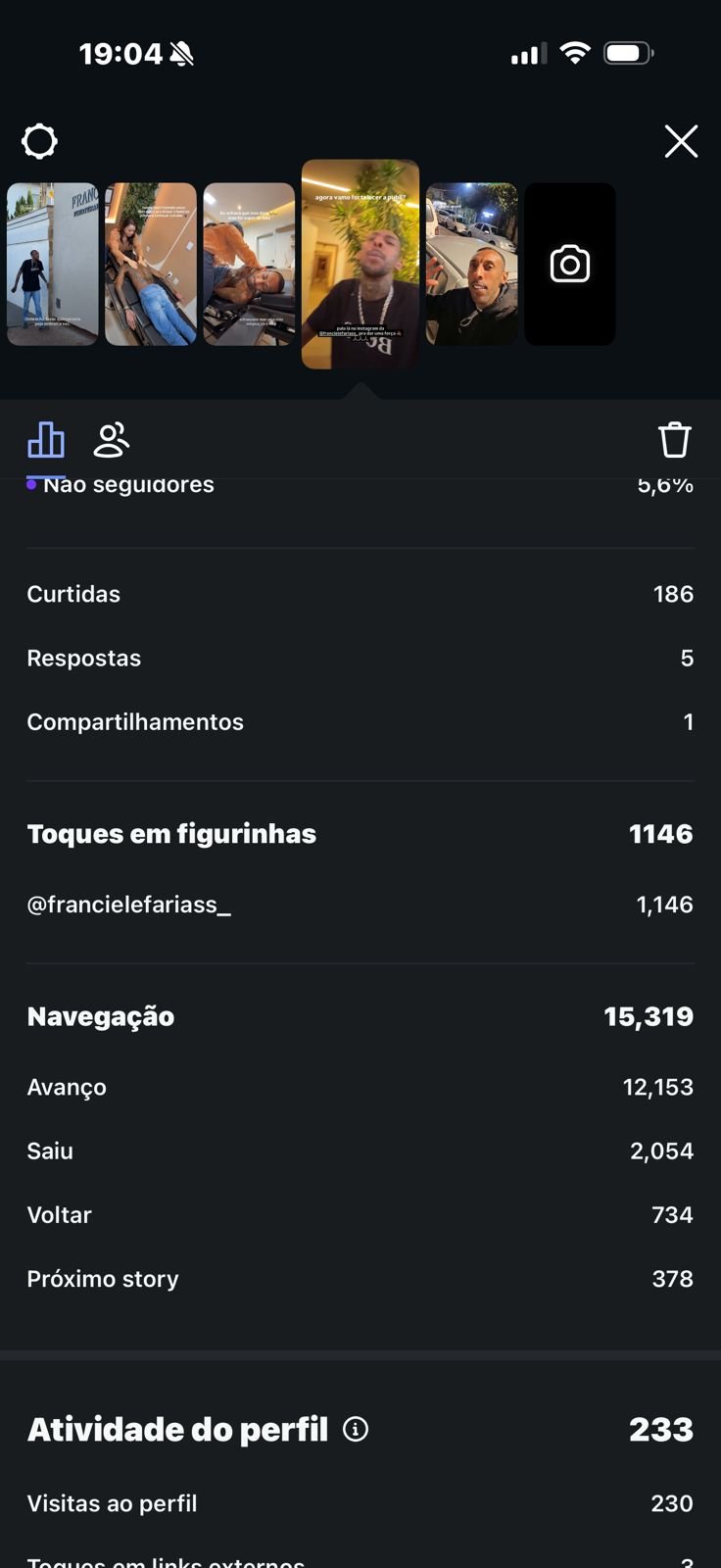 Print oficial dos insights dos Stories de Franciele Farias com 1.146 toques na figurinha